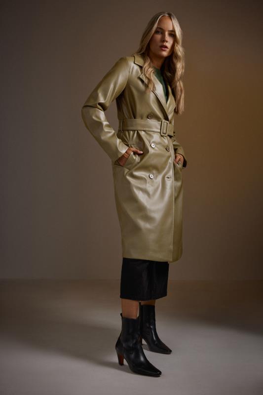 LTS Tall Olive Green Faux Leather Trench Coat | Long Tall Sally 1