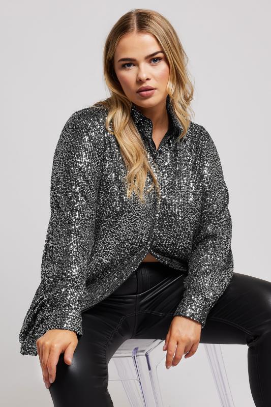 YOURS LONDON Plus Size Silver Sequin Shirt | Yours Clothing 4