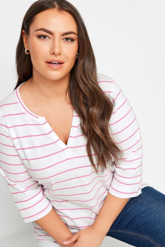 YOURS Plus Size White & Pink Stripe Notch Neck Top | Yours Clothing 4