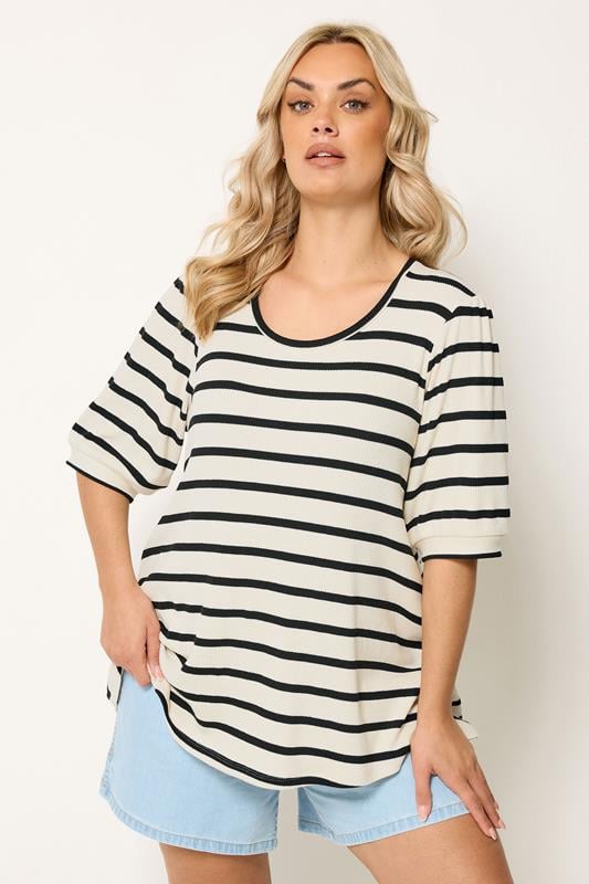 YOURS Plus Size Ivory White Stripe Puff Sleeve Top | Yours Clothing 1