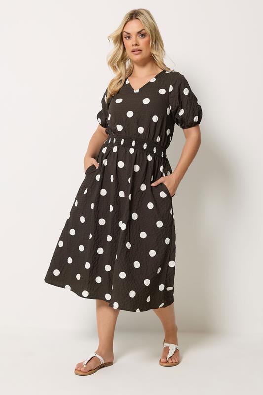  YOURS Curve Brown Polka Dot Midaxi Smock Dress