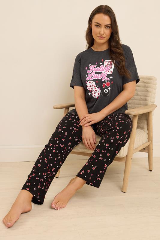 YOURS Plus Size Grey 'Feeling Lucky' Slogan Wide Leg Pyjama Set | Yours Clothing 1