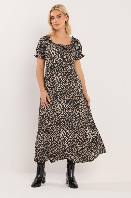 YOURS Plus Size Beige Brown Leopard Print Textured Maxi Dress | Yours Clothing 1
