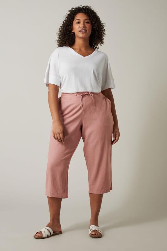 Plus Size  Evans Pink Cropped Linen Trousers