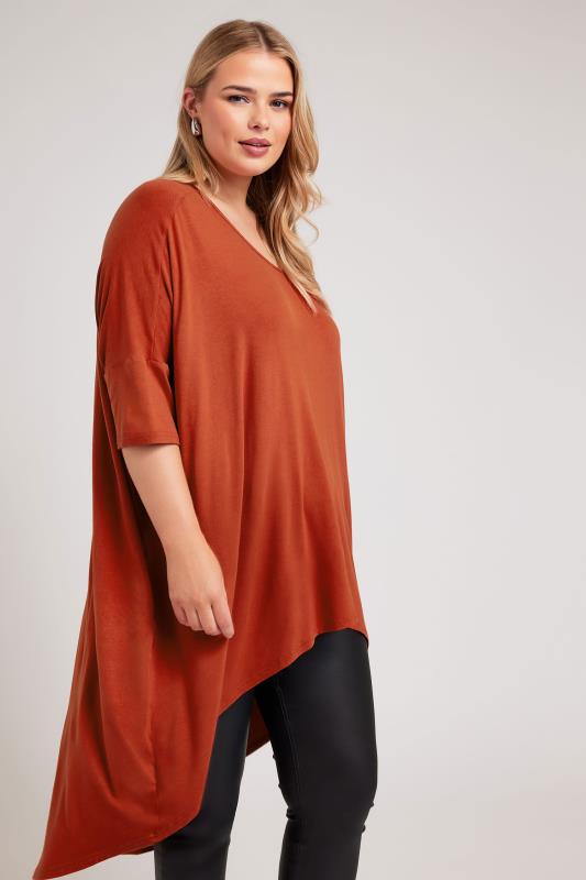 YOURS LONDON Plus Size Brown Dipped Hem Longline Tunic | Yours Clothing 1