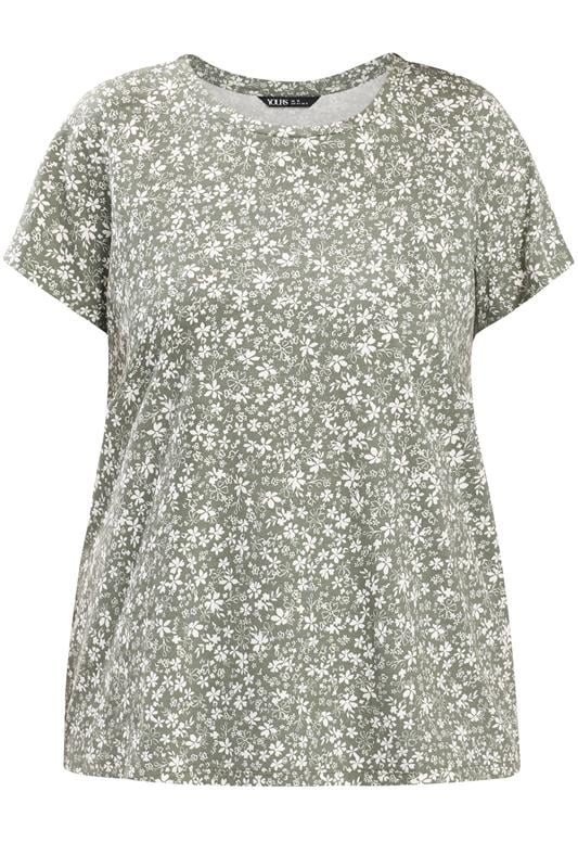 YOURS Plus Size Sage Green Ditsy Floral Basic T-Shirt | Yours Clothing 5
