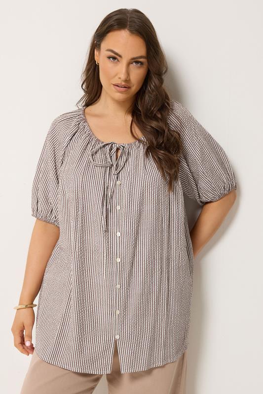 YOURS Plus Size Brown Stripe Print Puff Sleeve Blouse | Yours Clothing 1