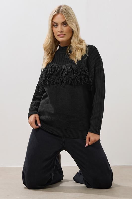  YOURS Curve Black Fringe Ribbed Knitted Jumper