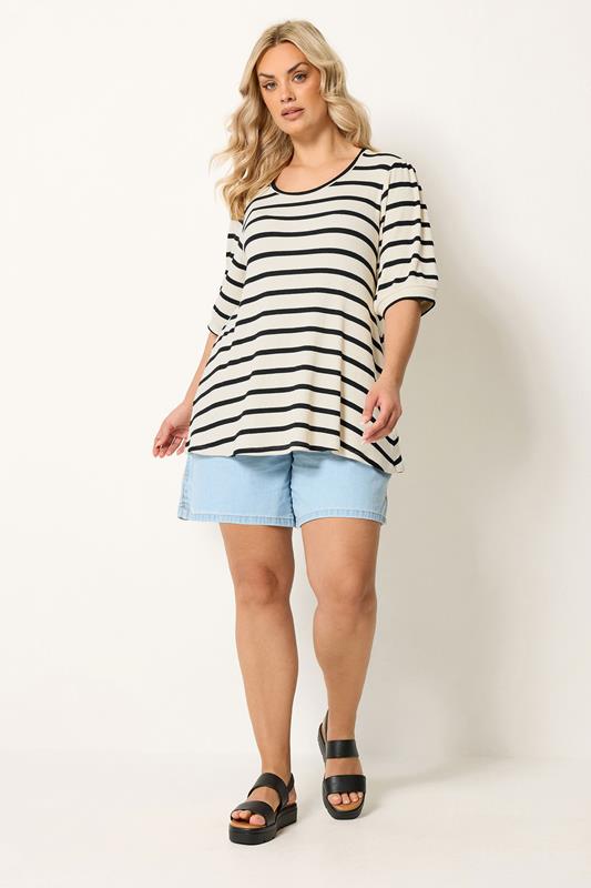 YOURS Plus Size Ivory White Stripe Puff Sleeve Top | Yours Clothing 1