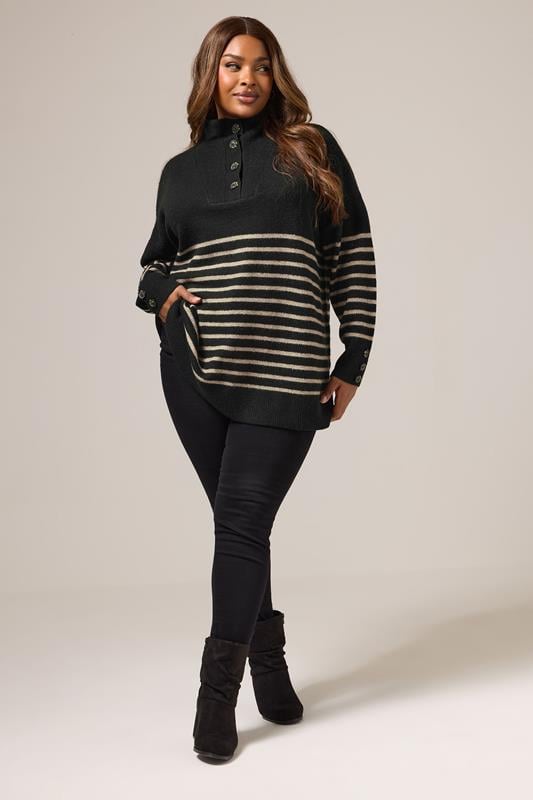 YOURS Plus Size Black & Beige Brown Striped Button Neck Jumper | Yours Clothing 1