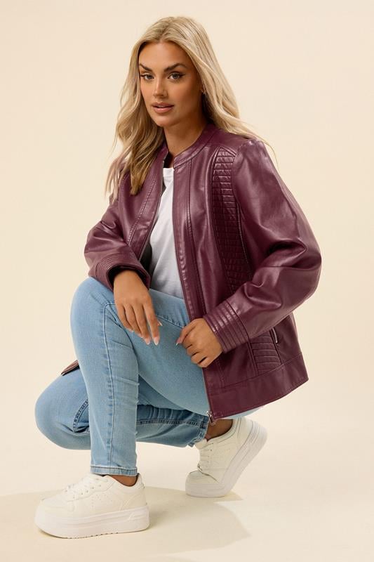 YOURS Plus Size Burgundy Red Biker Faux Leather Jacket | Yours Clothing 1