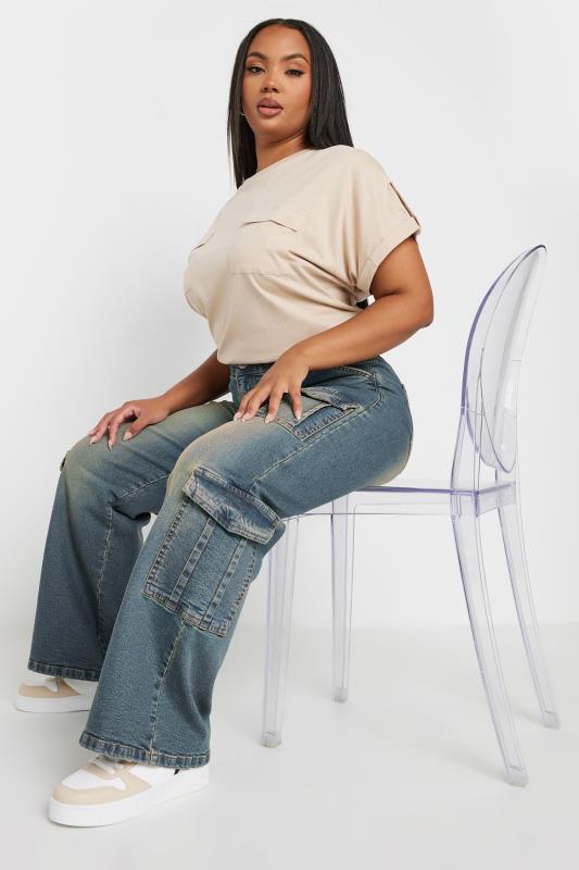 YOURS Plus Size Blue Washed Wide Leg Cargo Jeans | Yours Clothing 2