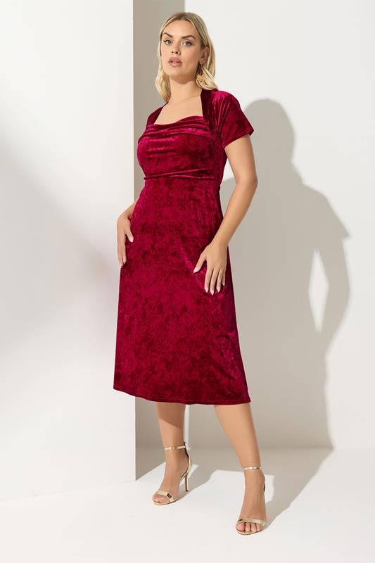 YOURS LONDON Plus Size Red Velvet Square Neck Midi Dress | Yours Clothing 1
