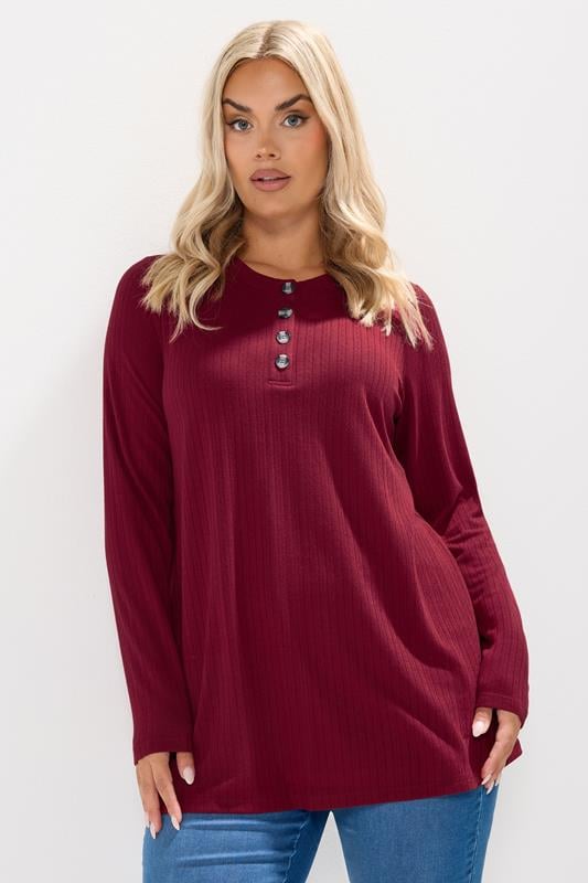 YOURS Plus Size Burgundy Red Henley Swing Top | Yours Clothing 1