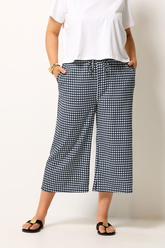 YOURS Plus Size Navy Blue Gingham Culottes | Yours Clothing 1