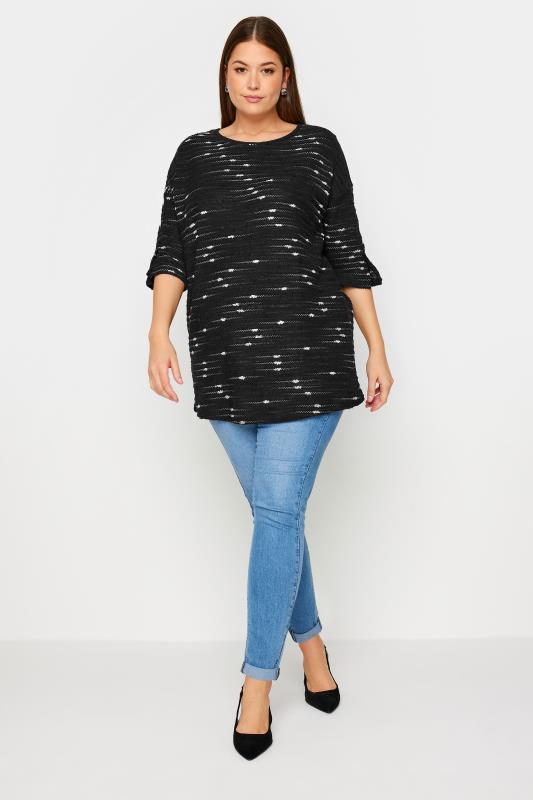 YOURS Plus Size Black Textured Button Sleeve Top | Yours Clothing  2