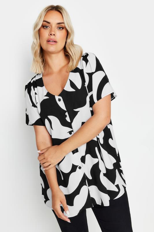 YOURS Plus Size Black & White Abstract Print Button Up Blouse | Yours Clothing 1