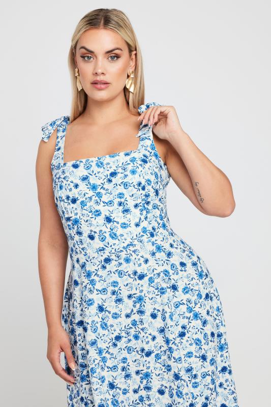 LIMITED COLLECTION Plus Size Blue Floral Print Bow Strap Midaxi Dress | Yours Clothing 4