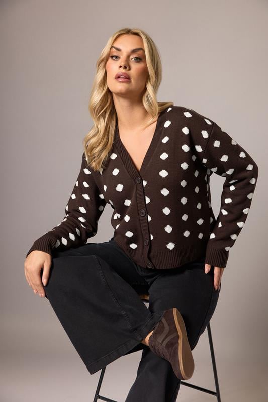  LIMITED COLLECTION Curve Chocolate Brown Polka Dot Knitted Cardigan