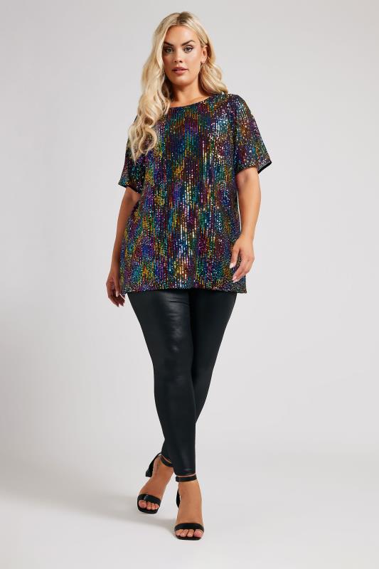 YOURS LONDON Plus Size Black Rainbow Sequin Swing Top | Yours Clothing  3