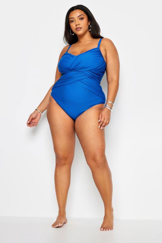 YOURS Plus Size Blue Double Crossover Super Sculpt Swimsuit | Yours Clothing 2