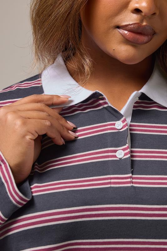 YOURS Plus Size Grey & Red Stripe Rugby Collar Top | Yours Clothing 5