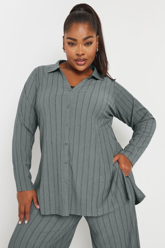 YOURS Plus Size Grey Textured Pinstripe Shirt | Yours Clothing  1