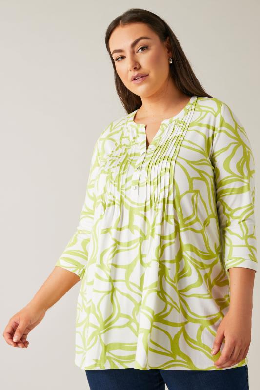 Plus Size  EVANS Curve Chartreuse Green Abstract Print Pintuck Blouse