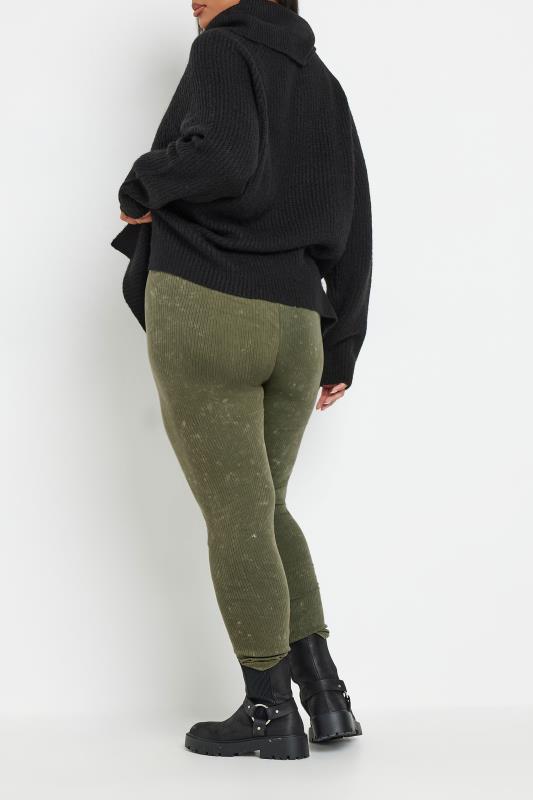 YOURS Plus Size Khaki Green Acid Wash Ribbed Leggings | Yours Clothing 3