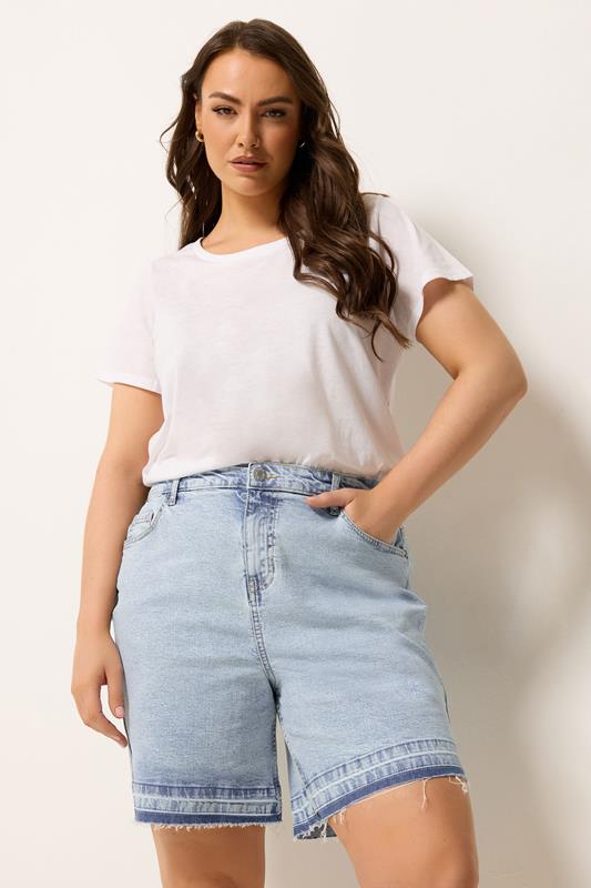  YOURS Curve Blue Hem Detail Denim Shorts