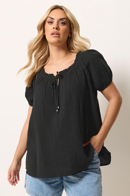 YOURS Curve Black Dobby Bardot Cheescloth Top