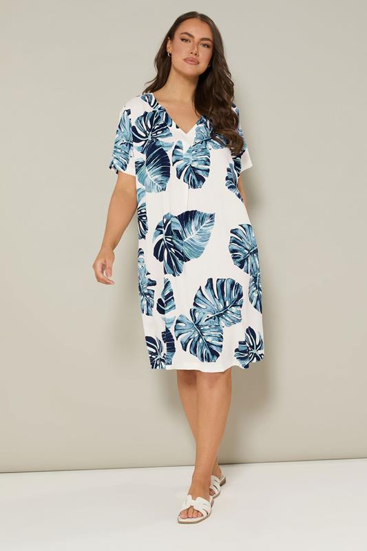 Plus Size  YOURS Curve White & Blue Palm Leaf Pleat Front Tunic Dress