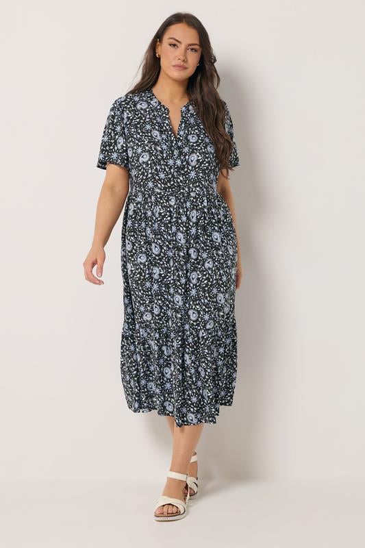  YOURS Curve Black Floral Print Half Placket Maxi Dress