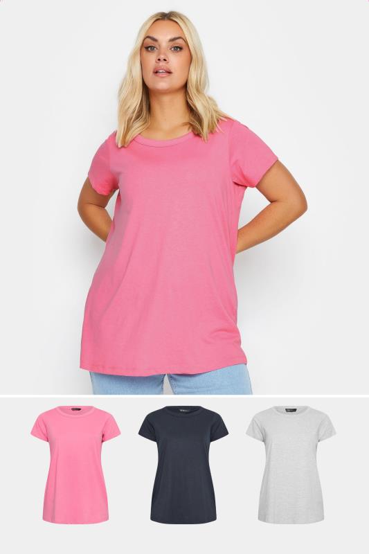 3 PACK Pink & Grey Essential T-Shirts | Yours Clothing 1