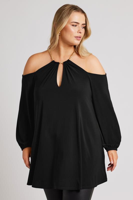 YOURS LONDON Plus Size Black Chain Detail Cold Shoulder Top | Yours Clothing  1