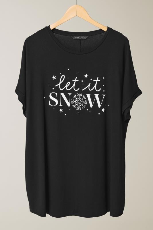 EVANS Plus Size Black 'Let It Snow' Slogan T-Shirt | Evans 5