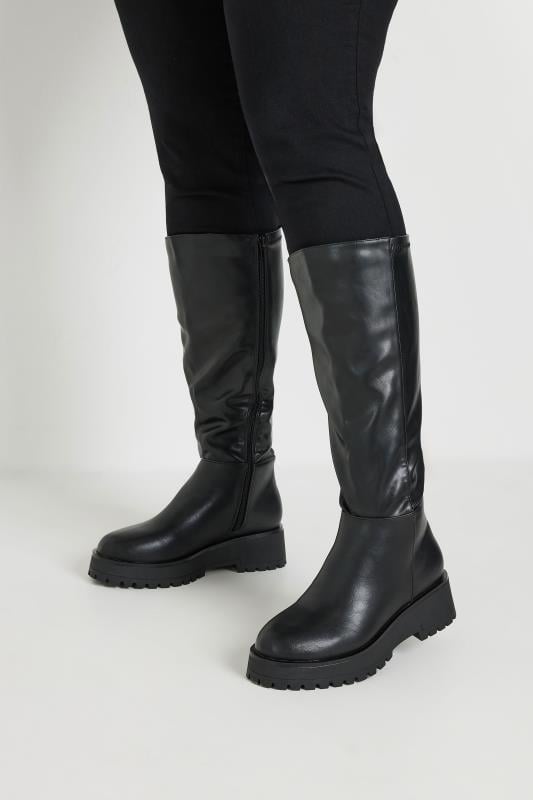 Plus Size  Yours Black Faux Leather Chunky Knee High Boots In Wide E Fit & Extra Wide EEE Fit