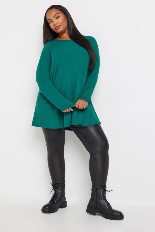 YOURS Plus Size Teal Green Side Split Ribbed T-Shirt | Yours Clothing 2