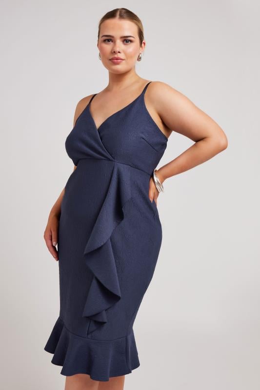 YOURS LONDON Plus Size Navy Blue Ruffle Jacquard Dress | Yours Clothing 1