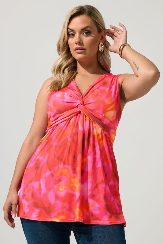  YOURS LONDON Curve Pink Abstract Sleeveless Knot Front Top