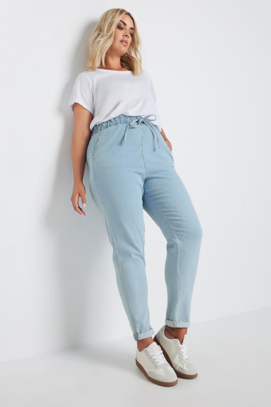 Plus Size Light Blue Paperbag Waist Stretch MOM Jeans | Yours Clothing 2