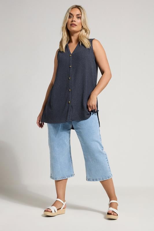 YOURS Plus Size Navy Blue Textured Sleeveless Shirt | Yours Clothing 2