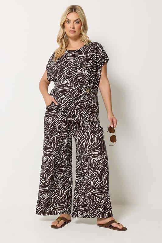 YOURS Curve Brown Zebra Print Crinkle Grown On Sleeve Top