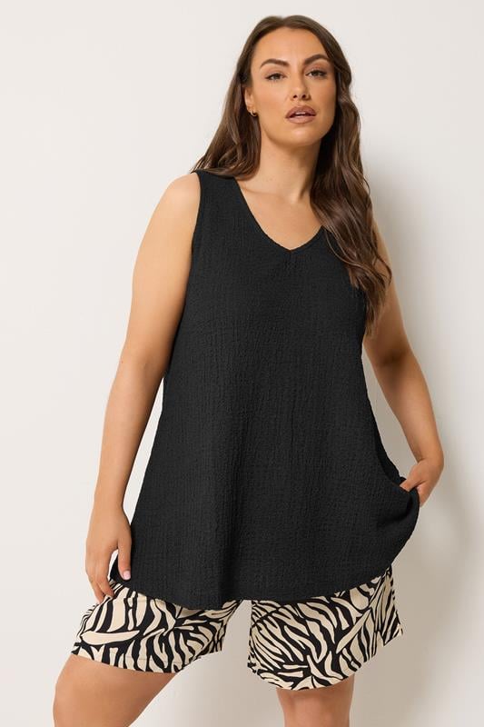 YOURS Curve Black Crinkle V-Neck Cami Vest Top