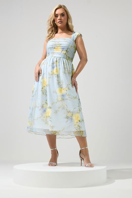  YOURS LONDON Curve Blue Floral Spot Mesh Skater Dress