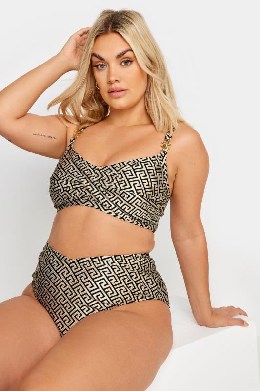 YOURS Plus Size Black Metallic Geometric Print Bikini Brief | Yours Clothing 1