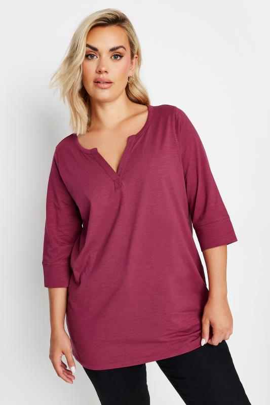 YOURS Curve Burgundy Red Notch Neck Top | Yours Clothing 1