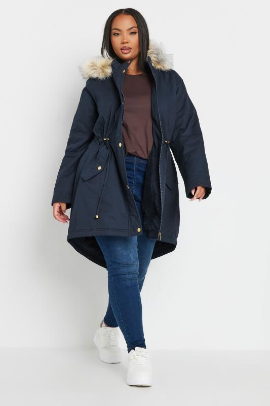 YOURS Plus Size Navy Blue Faux Fur Trim Parka Coat | Yours Clothing 1