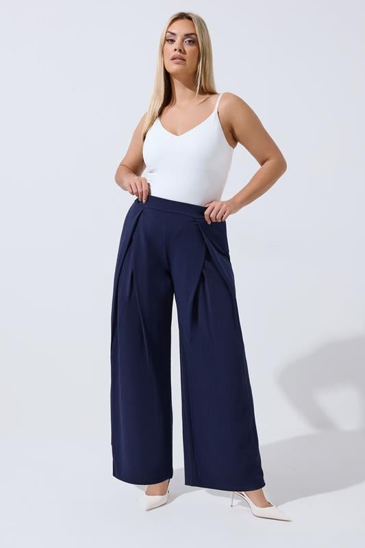  LIMITED COLLECTION Curve Navy Blue Pleated Wide Leg Trousers