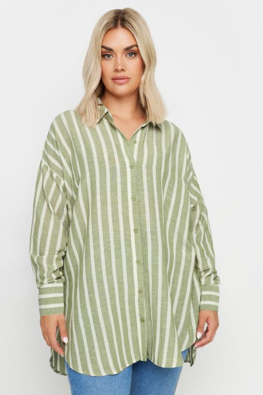 Plus Size  YOURS Curve Green Stripe Linen Shirt